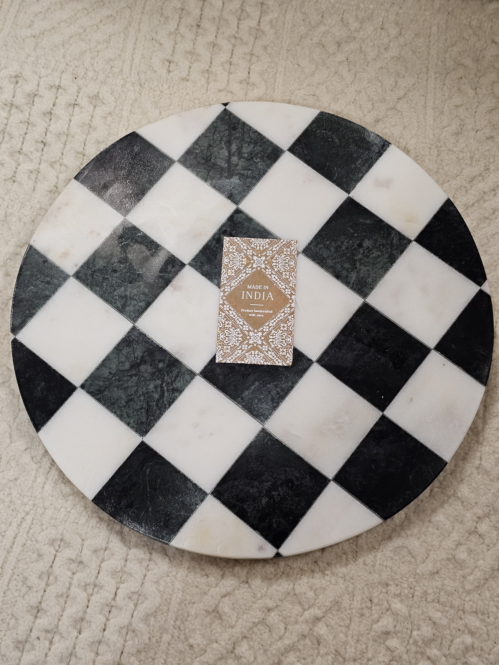 Round Checkerboard Marble Serving Board in Black & White